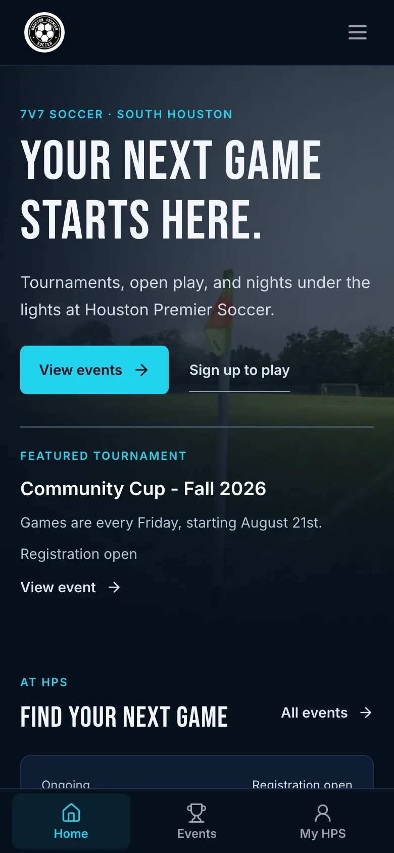 Página principal de Houston Premier Soccer en un teléfono