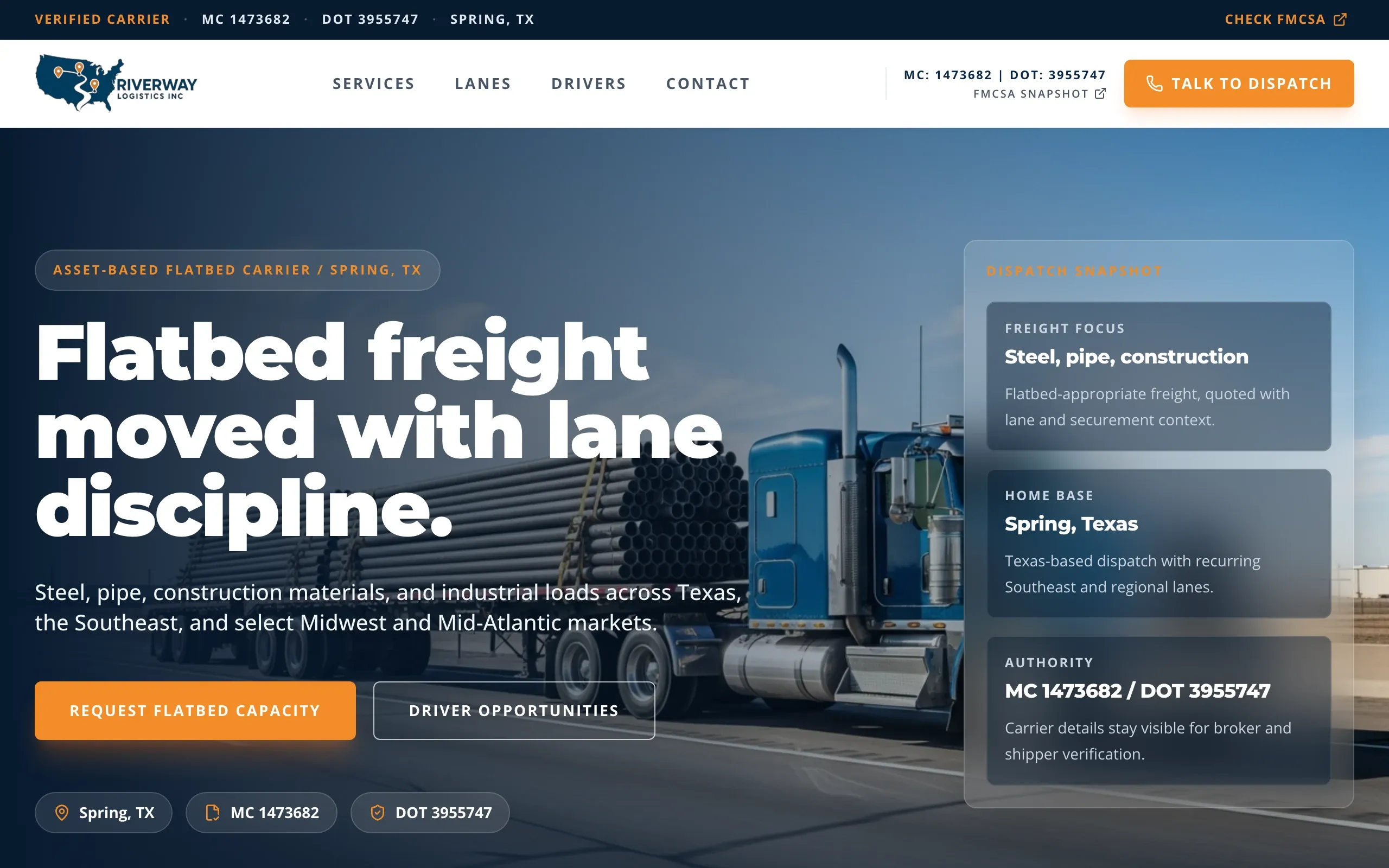 Página principal de Riverway Logistics en una pantalla de escritorio